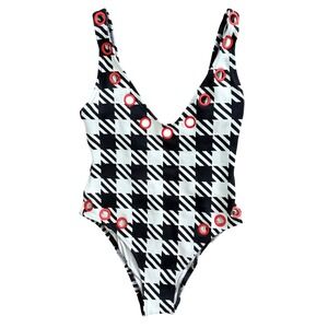 Solid & Striped Houndstooth One Piece Swimsuit Red Grommets Black White S/M